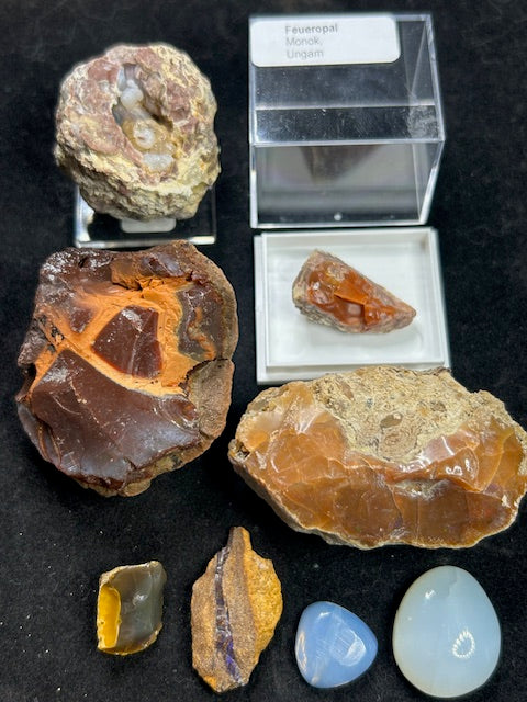 Edelopal Sammlung weltweit, 8 Stück Welo/ Boulder/ Feuer/ Glas Opal Hyalith Schwarzopal