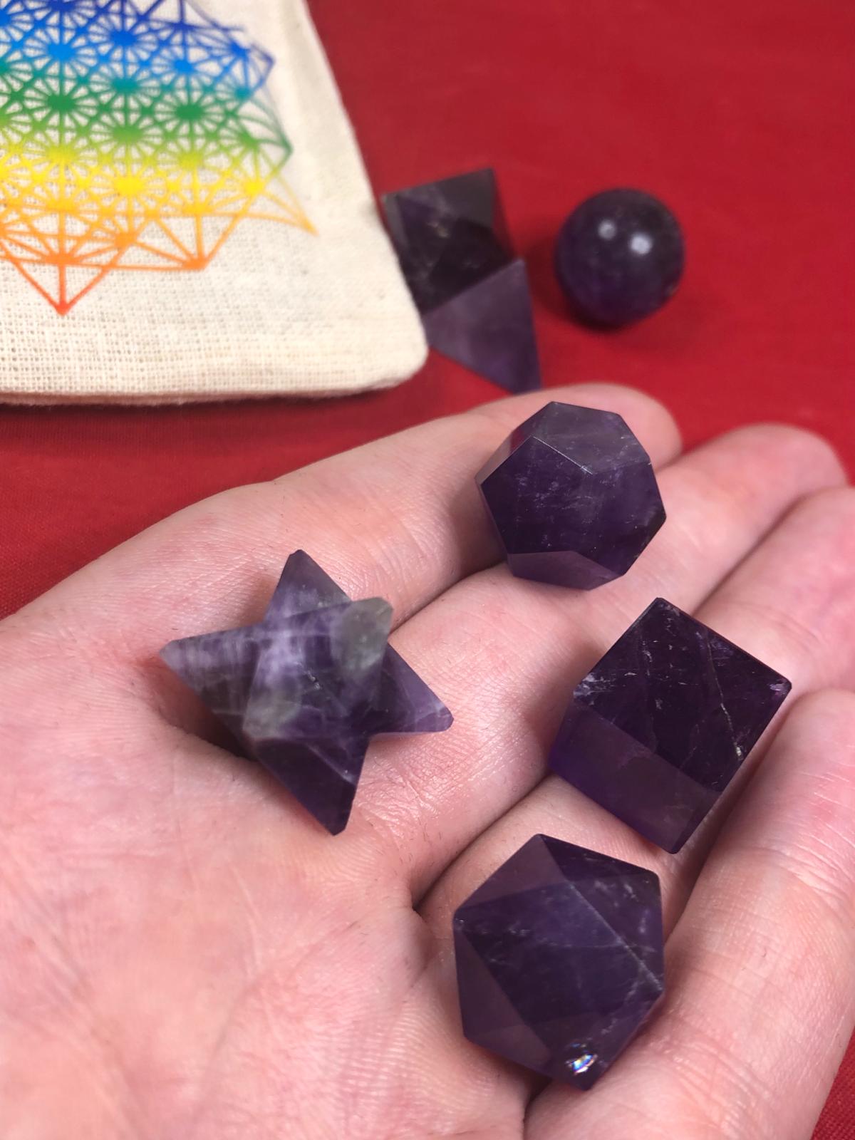 Heilige Geometrie Platonische Körper in bester Qualität Bergkristall, Amethyst oder 7 Chakra Set