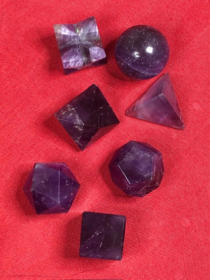 Heilige Geometrie Platonische Körper in bester Qualität Bergkristall, Amethyst oder 7 Chakra Set